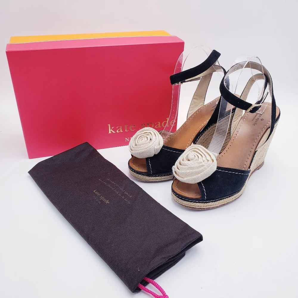 Kate Spade Brit Wedge Espadrille Sandal Black Suede Cream Rosette Twill Size 9.5